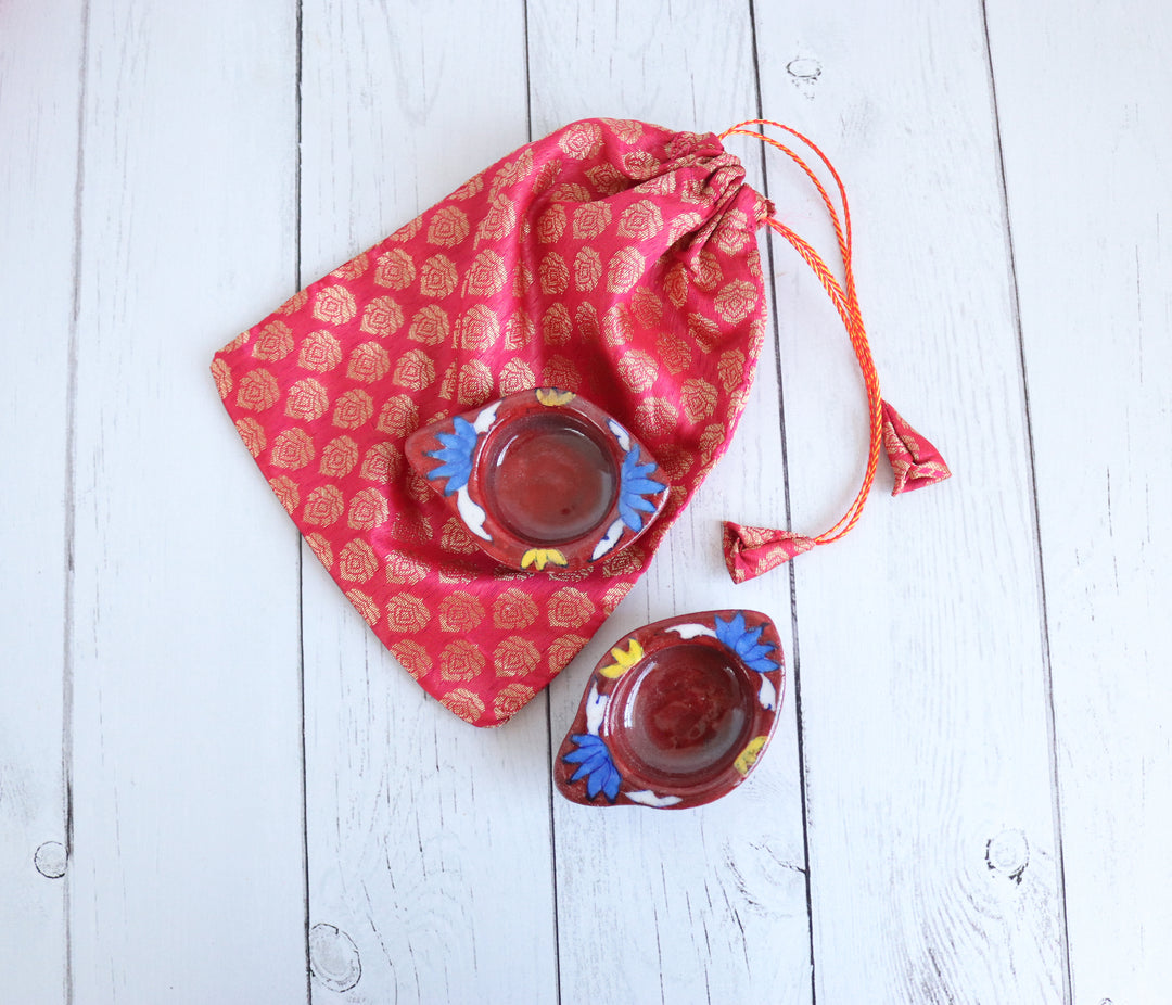 Blue Pottery Ceramic Tea Light Holders - Set of 2 - Maroon