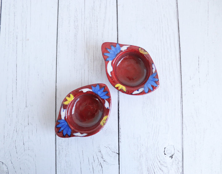 Blue Pottery Ceramic Tea Light Holders - Set of 2 - Maroon