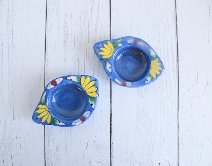 Blue Pottery Ceramic Tea Light Holders - Set of 2 - Blue