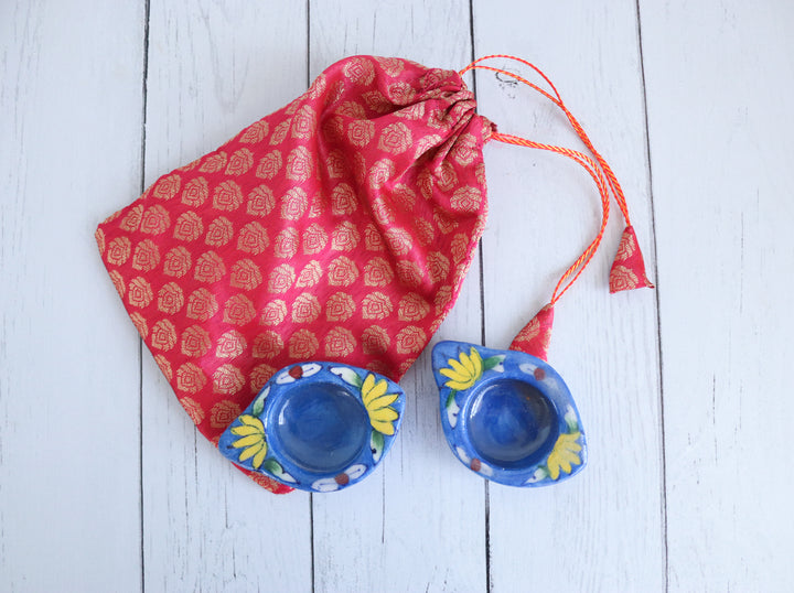 Blue Pottery Ceramic Tea Light Holders - Set of 2 - Blue