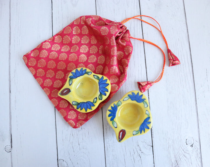 Blue Pottery Ceramic Tea Light Holders - Set of 2 - Yellow