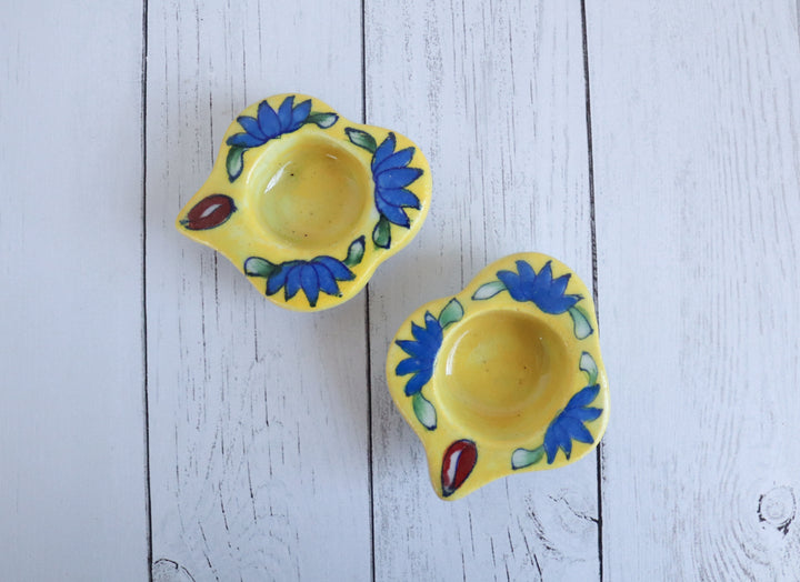 Blue Pottery Ceramic Tea Light Holders - Set of 2 - Yellow