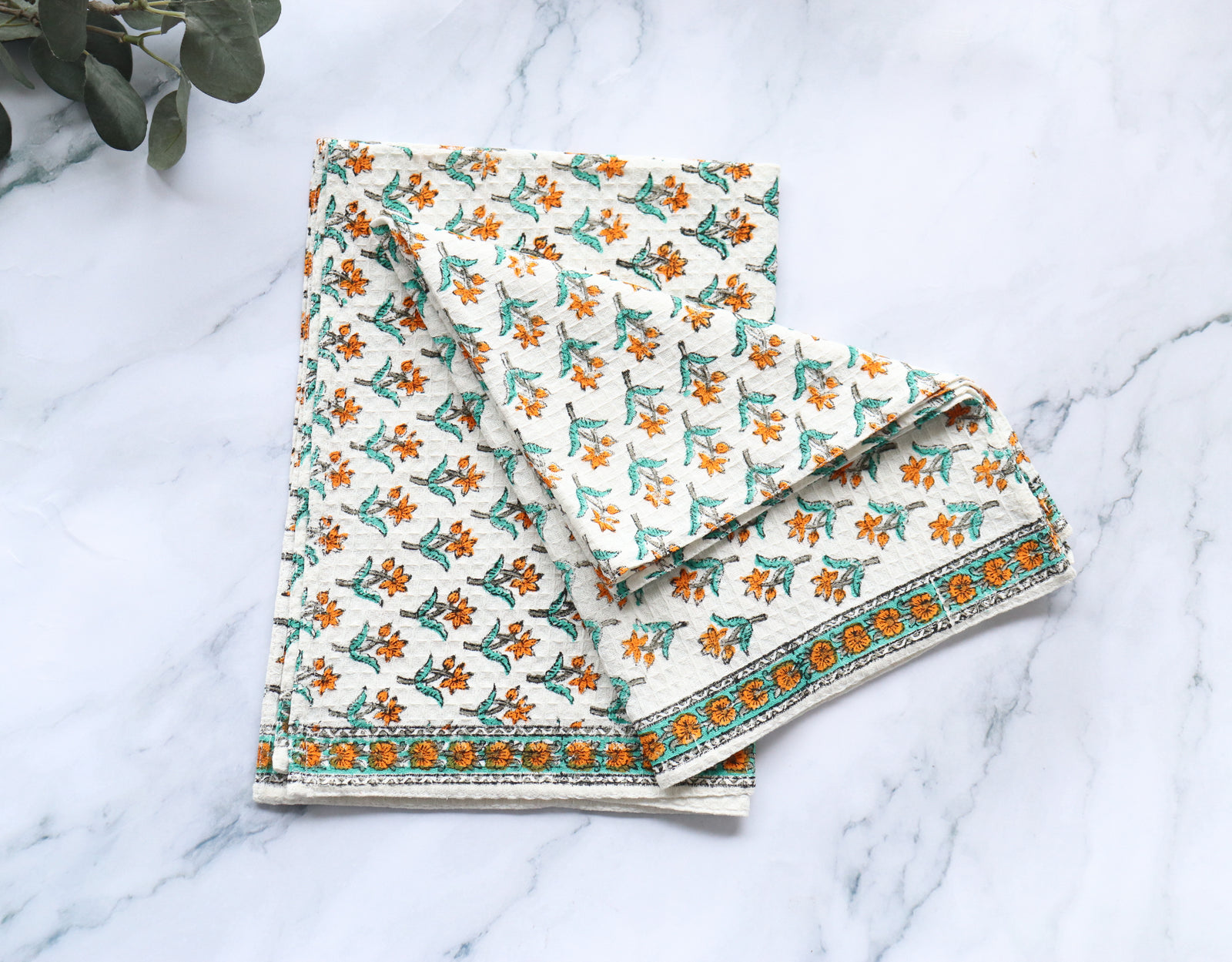 Set of 2 waffle kitchen towels - Block print dish towels - Yellow Ditsy by Kari by Kriti