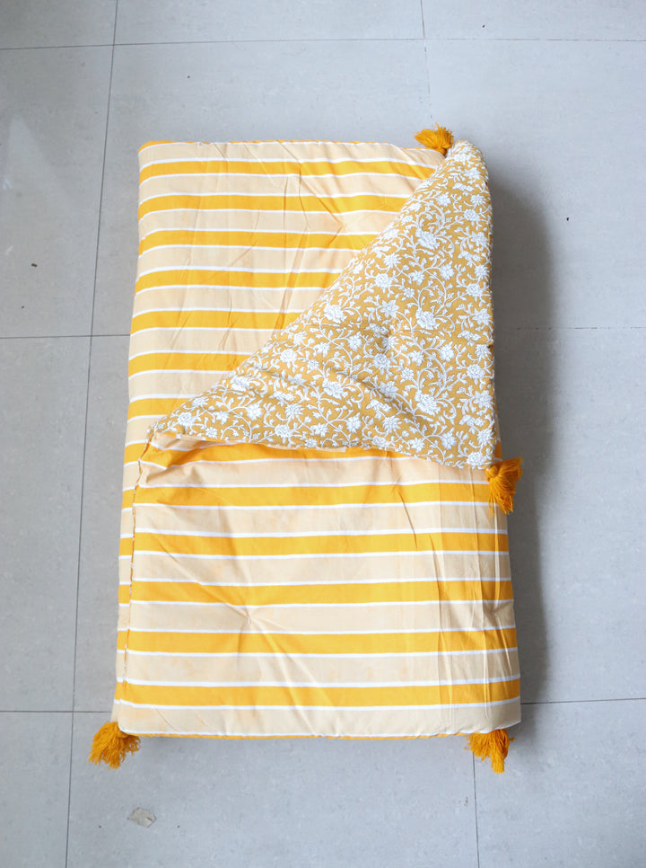 Reversible Block Print Floor Mattress - Yellow &amp; Stripes - 3x6 Feet