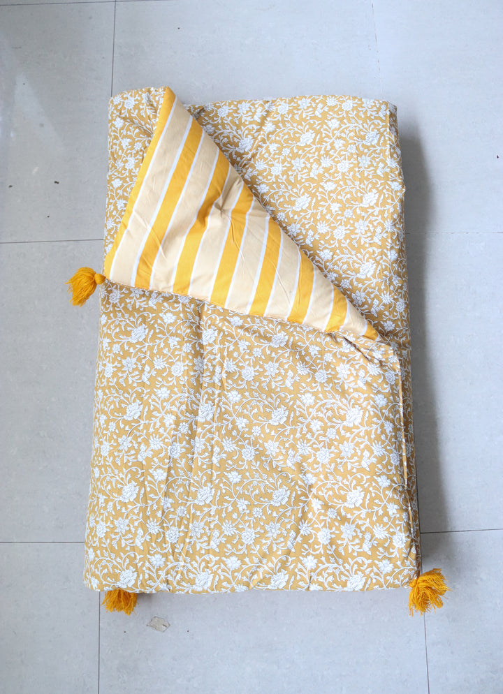 Reversible Block Print Floor Mattress - Yellow &amp; Stripes - 3x6 Feet