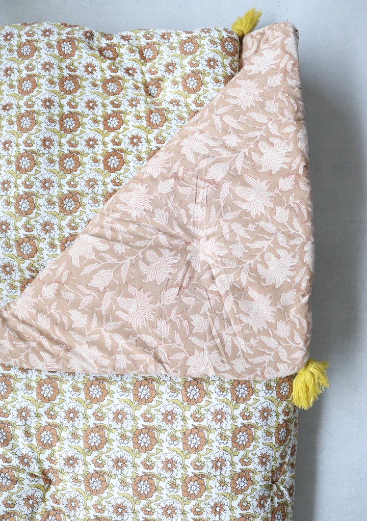 Reversible Block Print Floor Mattress - Coral and Mustard - 3x6 Feet