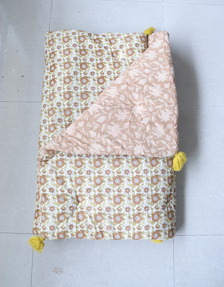 Reversible Block Print Floor Mattress - Coral and Mustard - 3x6 Feet