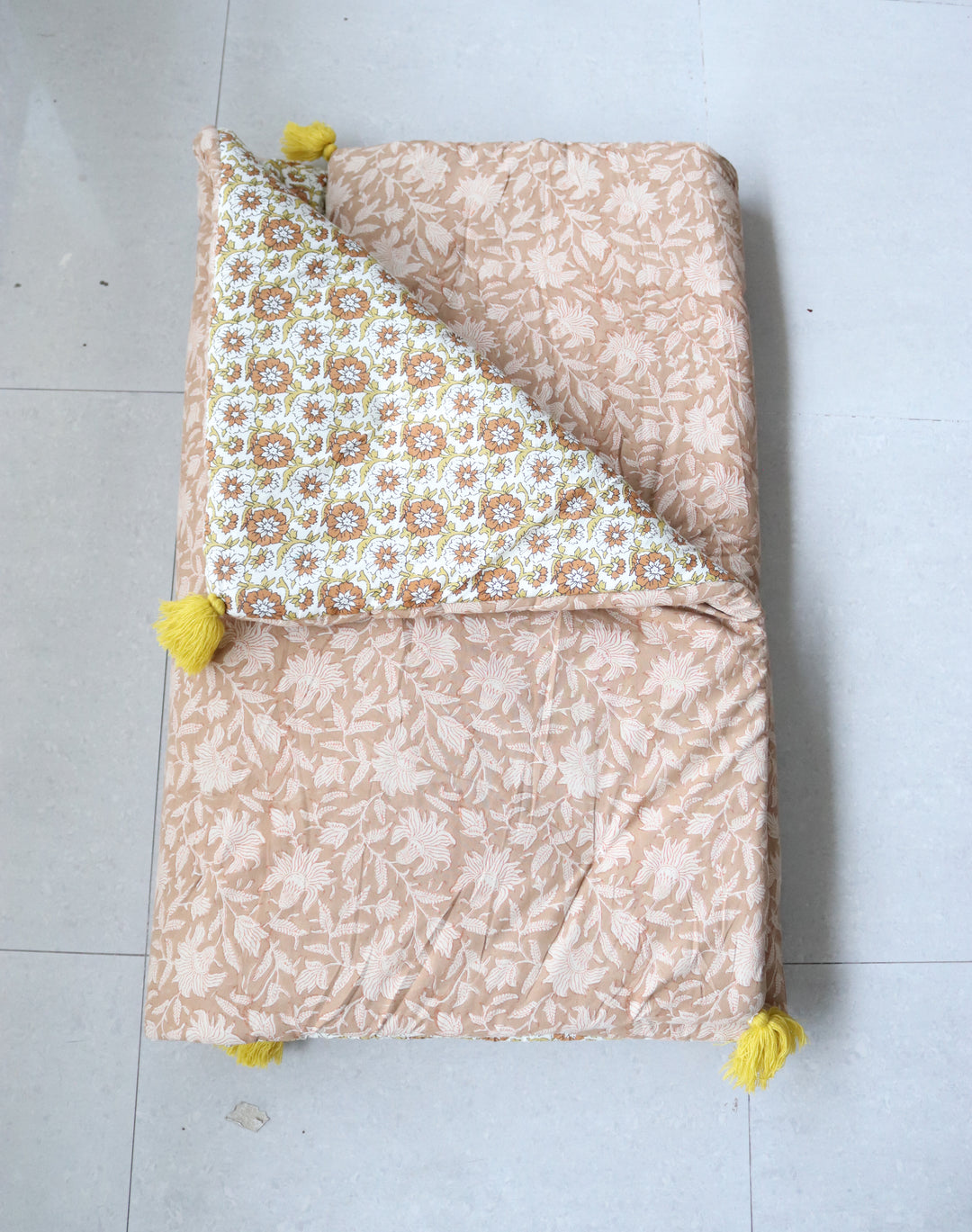 Reversible Block Print Floor Mattress - Coral and Mustard - 3x6 Feet