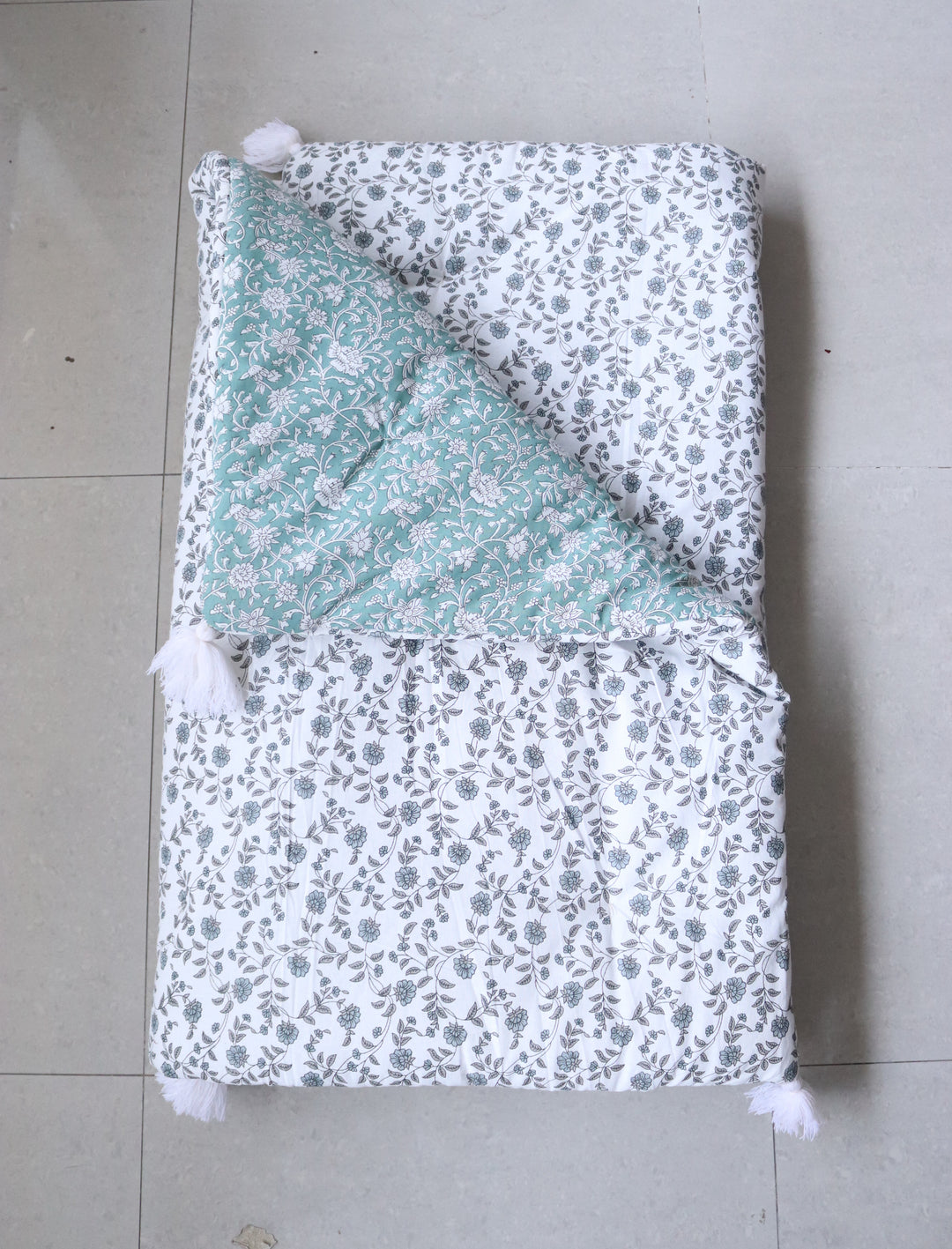 Reversible Block Print Floor Mattress - Turquoise &amp; White - 3x6 Feet