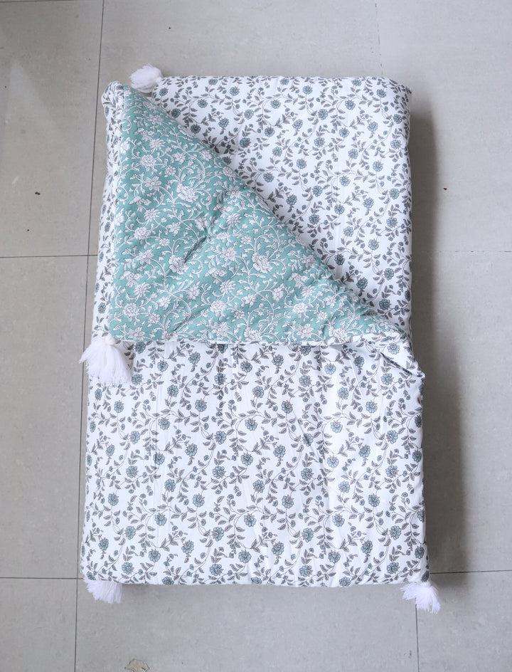 Reversible Block Print Floor Mattress - Turquoise &amp; White - 3x6 Feet