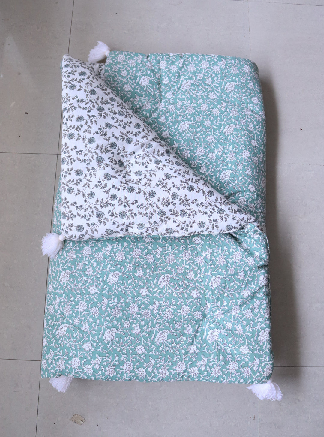 Reversible Block Print Floor Mattress - Turquoise &amp; White - 3x6 Feet