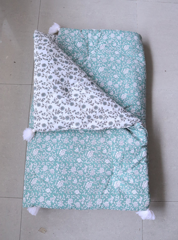 Reversible Block Print Floor Mattress - Turquoise &amp; White - 3x6 Feet