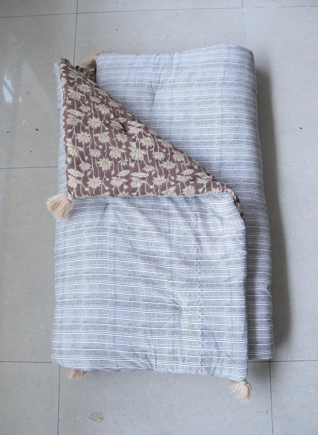 Reversible Block Print Floor Mattress - Mocha &amp; Stripes - 3x6 Feet