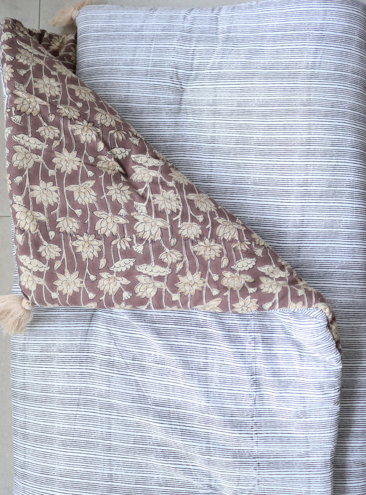 Reversible Block Print Floor Mattress - Mocha &amp; Stripes - 3x6 Feet