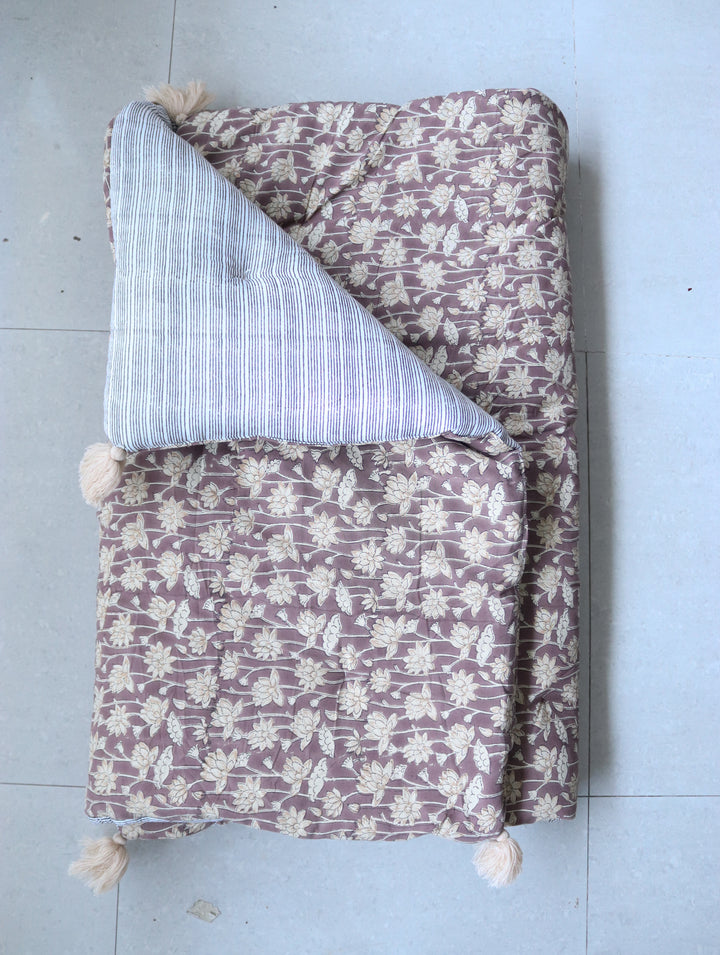 Reversible Block Print Floor Mattress - Mocha &amp; Stripes - 3x6 Feet