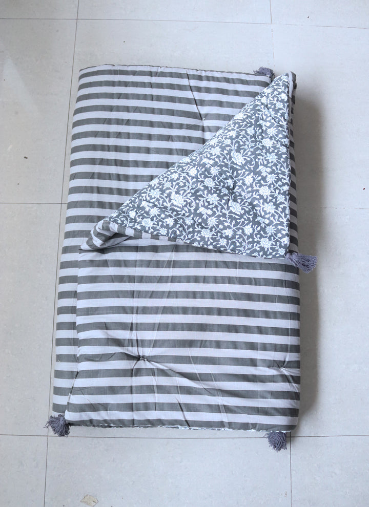Reversible Block Print Floor Mattress - Grey &amp; Stripes - 3x6 Feet