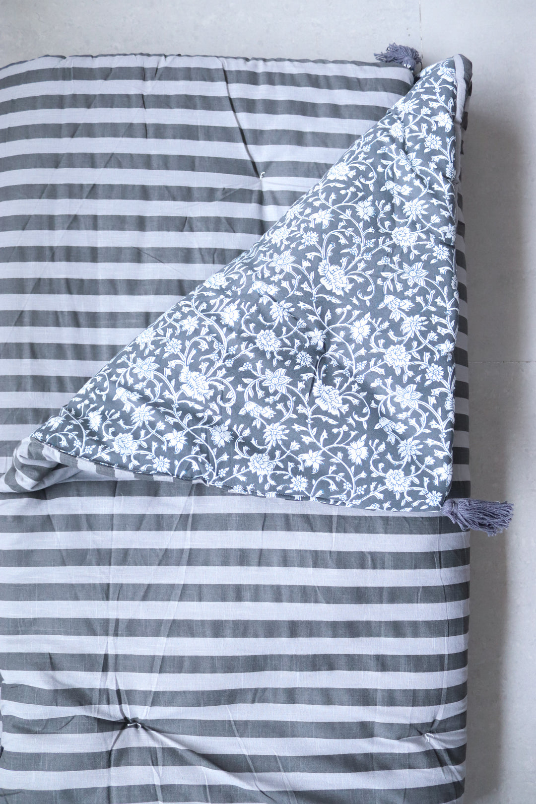 Reversible Block Print Floor Mattress - Grey &amp; Stripes - 3x6 Feet