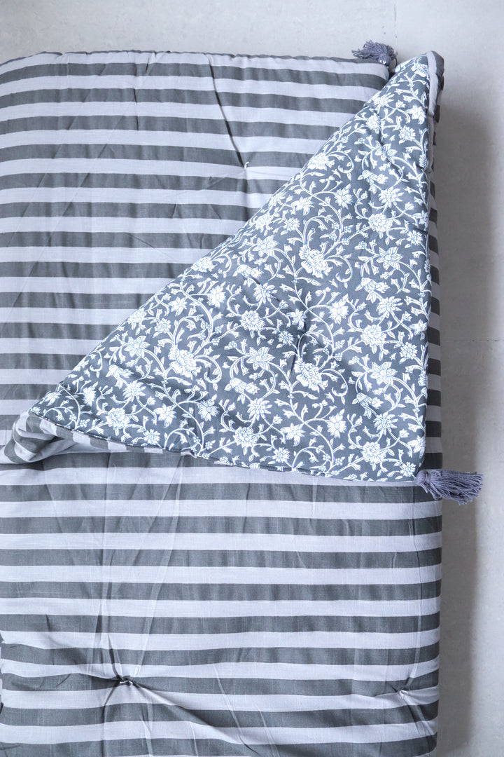 Reversible Block Print Floor Mattress - Grey &amp; Stripes - 3x6 Feet