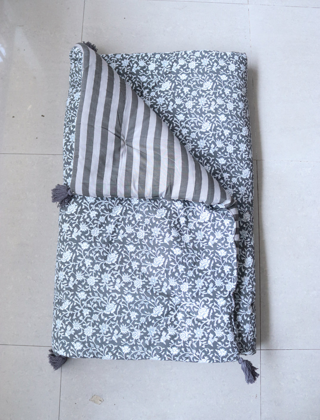 Reversible Block Print Floor Mattress - Grey &amp; Stripes - 3x6 Feet