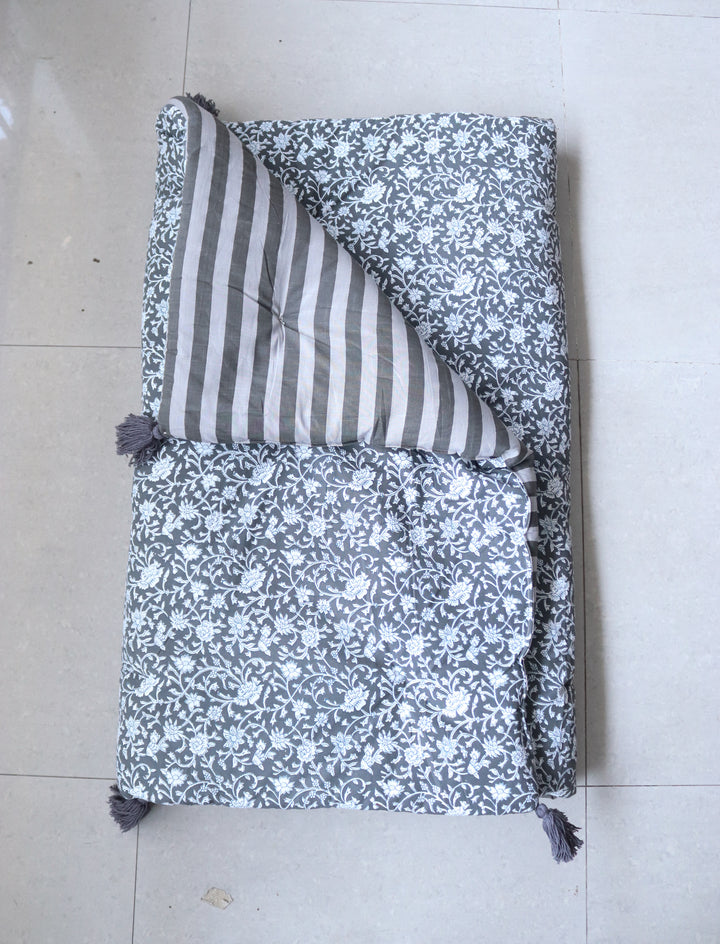 Reversible Block Print Floor Mattress - Grey &amp; Stripes - 3x6 Feet