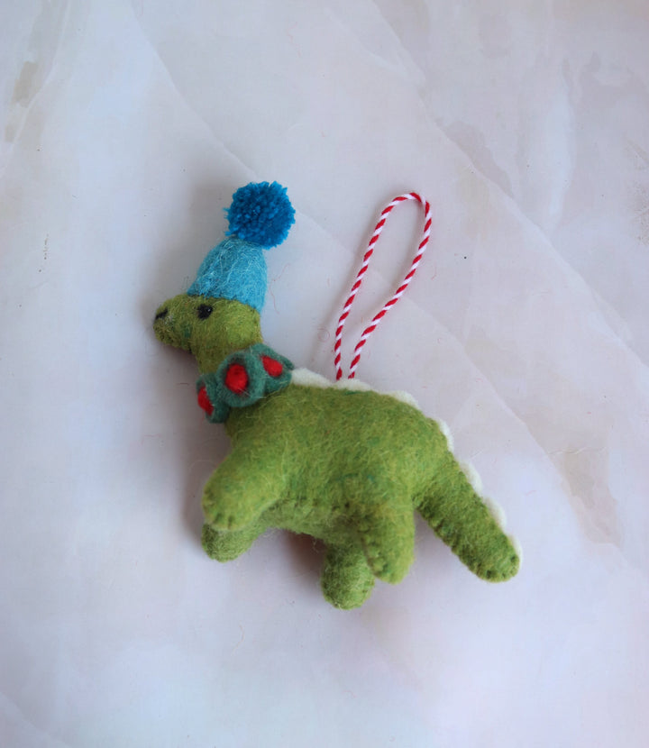 Doodly the Dino handmade felt dinosaur ornament, front view