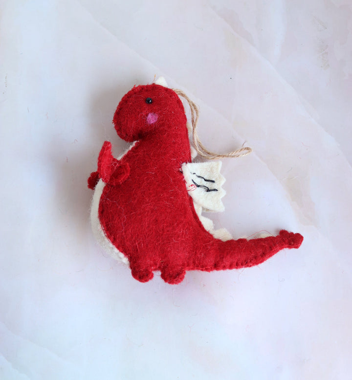 Sparky the Red Dragon handmade felt ornament with white wings, front view