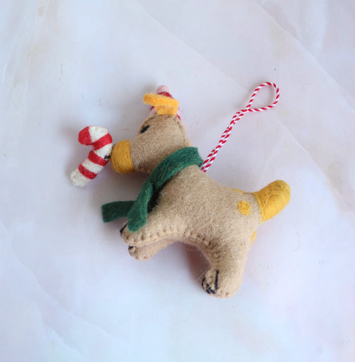 Brutus the Silliest felt dog Christmas ornament, side view