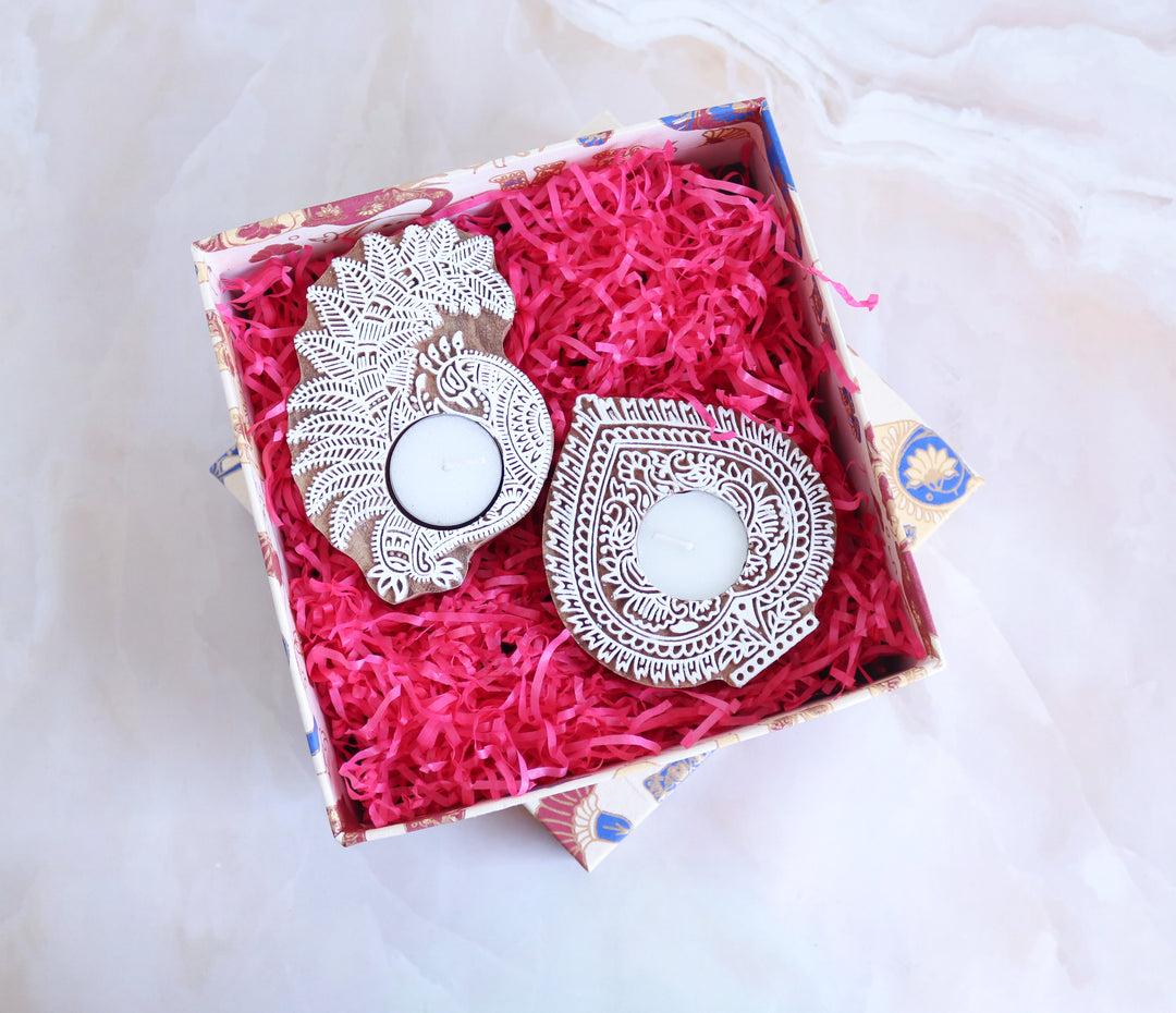 Wood Block Carved Tea Light Holders Set of 2 - Peacock