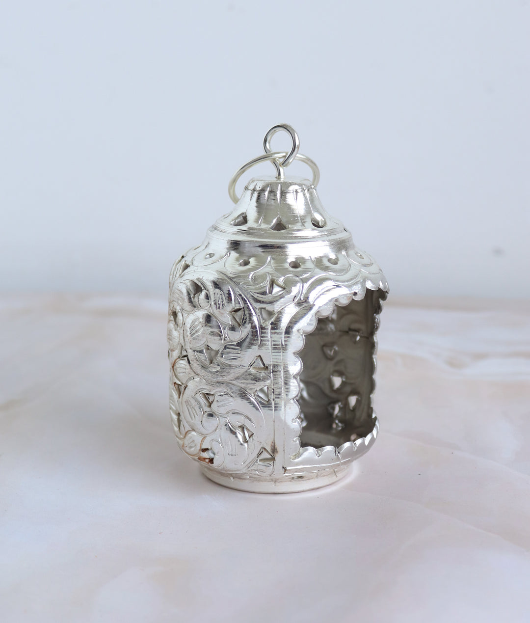Silver Embossed Floral metal work Lantern tea light holder -  Hanging decor