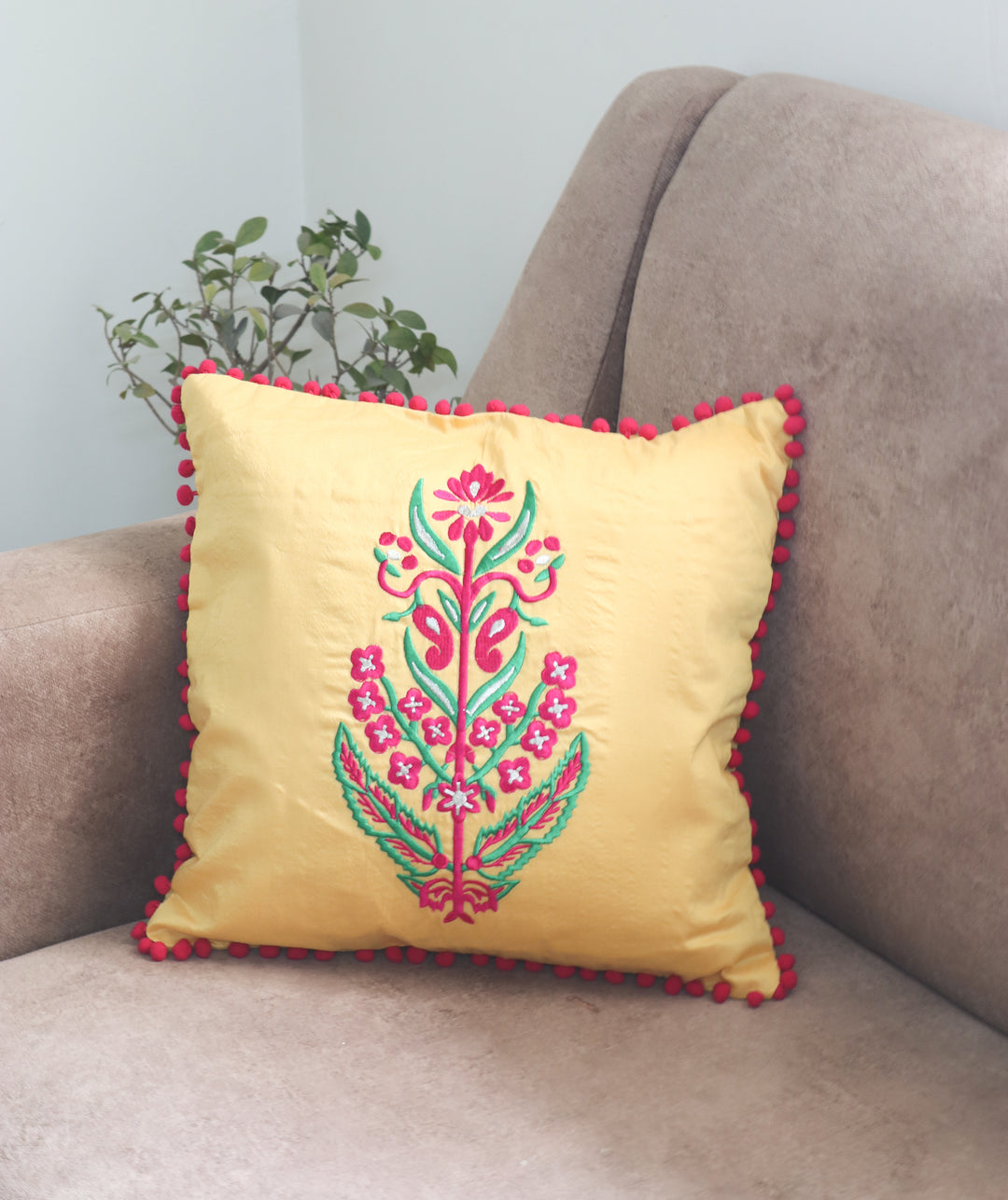 Yellow boota Embroidered Festive cushion cover - 16x16 inches