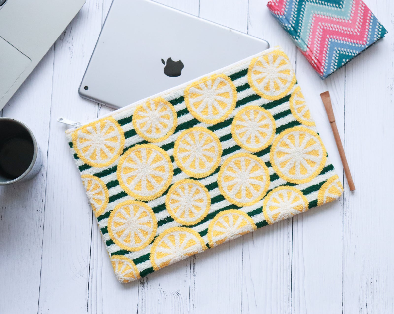 Embroidered iPad sleeve - Laptop sleeve - Lemons and stripes - 12 inches - Laptop Sleeve by Kari by Kriti