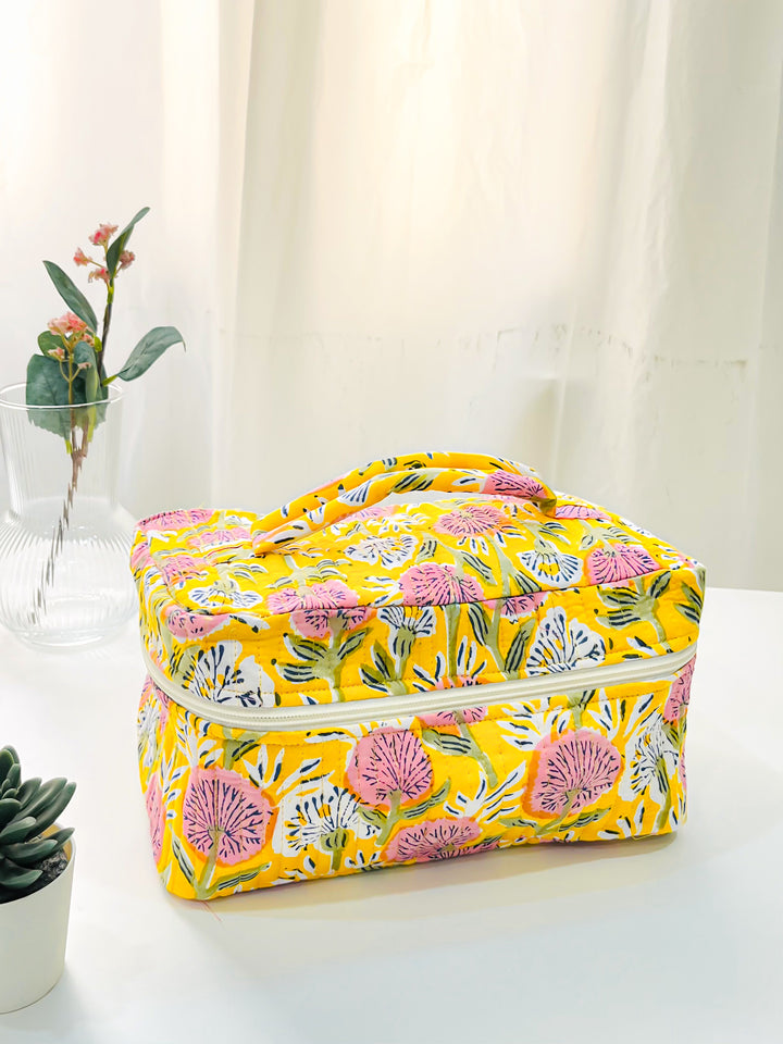Handcrafted Vanity Bag for Women - Hand block printed Vanity case - Yellow Floral