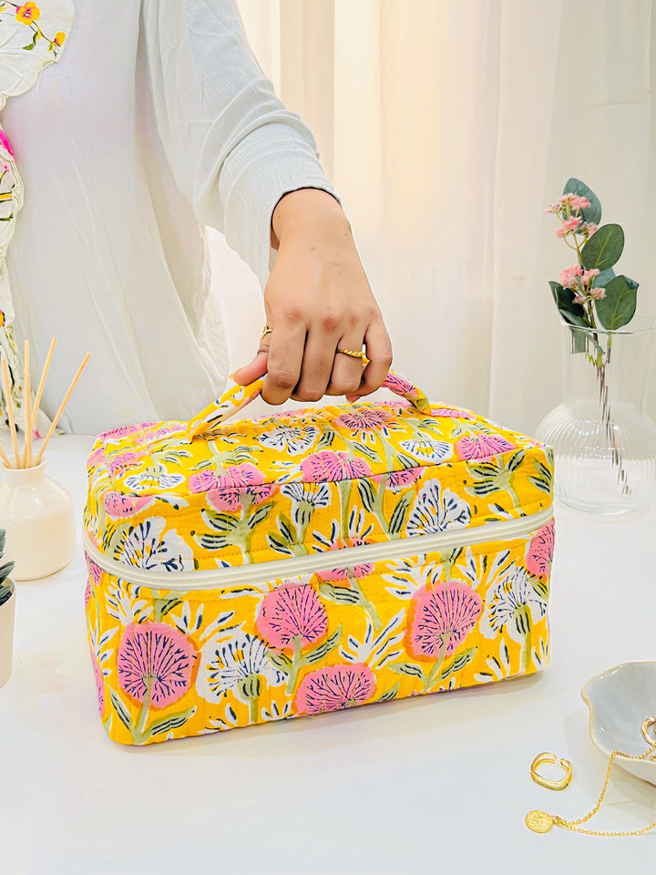 Handcrafted Vanity Bag for Women - Hand block printed Vanity case - Yellow Floral