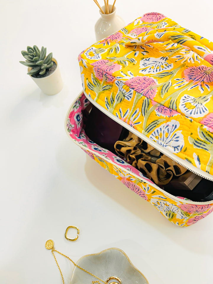 Handcrafted Vanity Bag for Women - Hand block printed Vanity case - Yellow Floral