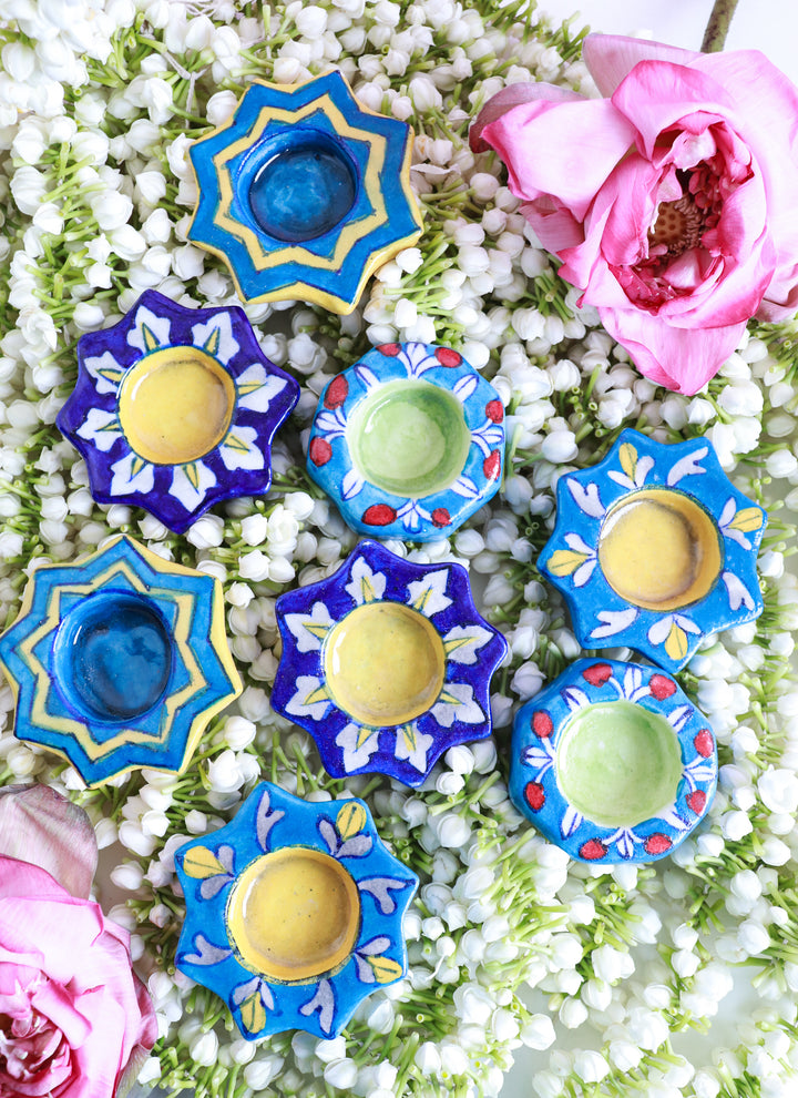 Blue pottery ceramic tea lights - Set of 2/4/6 in a Diwali gift box - Blue and red hexagon