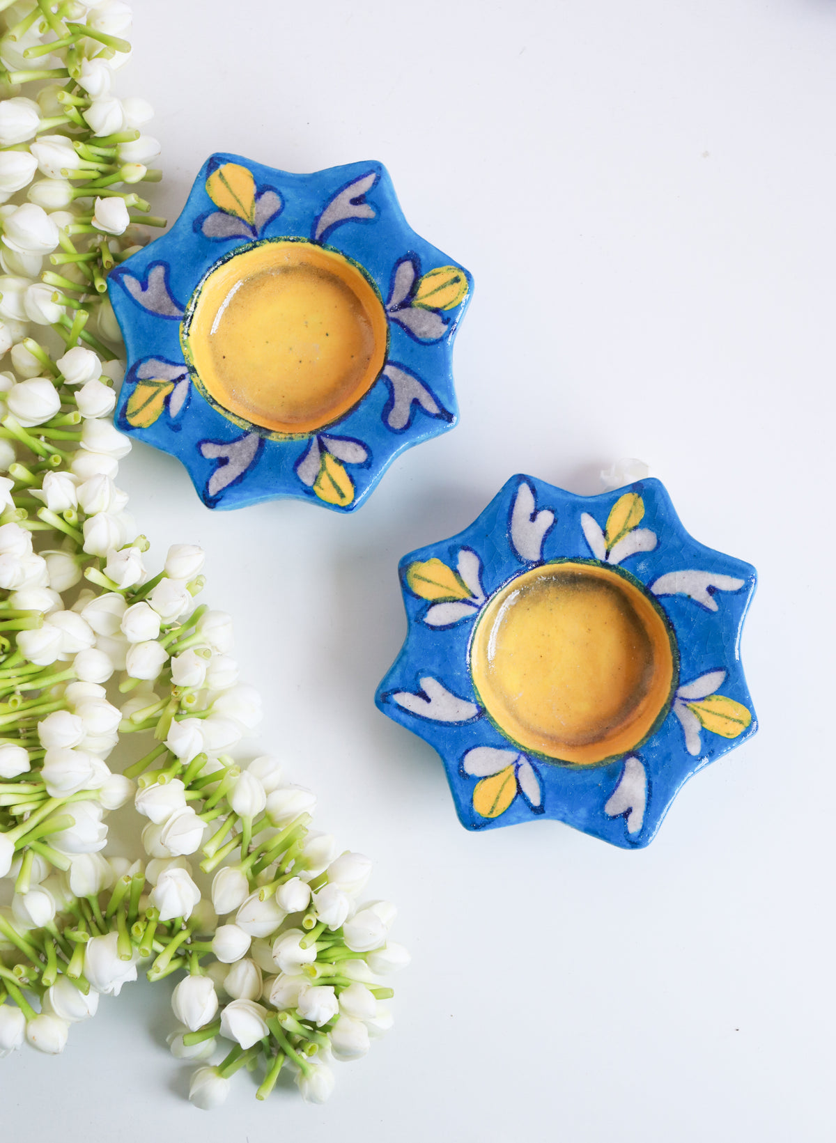 Blue Pottery Ceramic Tea Light Holders - Set of 2/4/6 - Teal Floral - Diwali Gift Box by Kari by Kriti