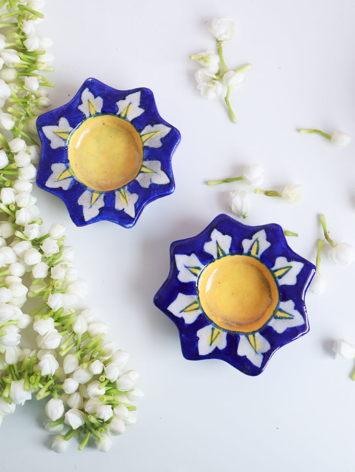 Blue pottery ceramic tea lights - Set of 2/4/6 in a Diwali gift box - Indigo