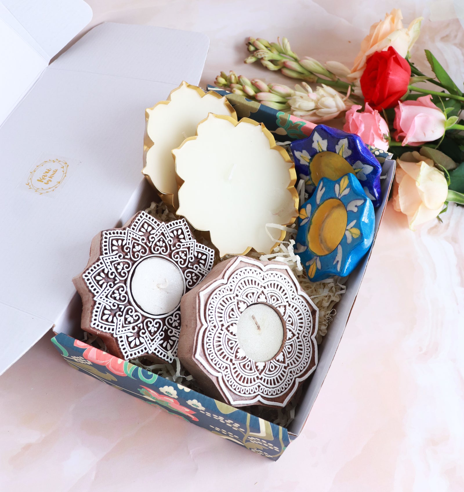 Shagun Deepawali premium gift box with handmade block print festive accessories by Kari by Kriti
