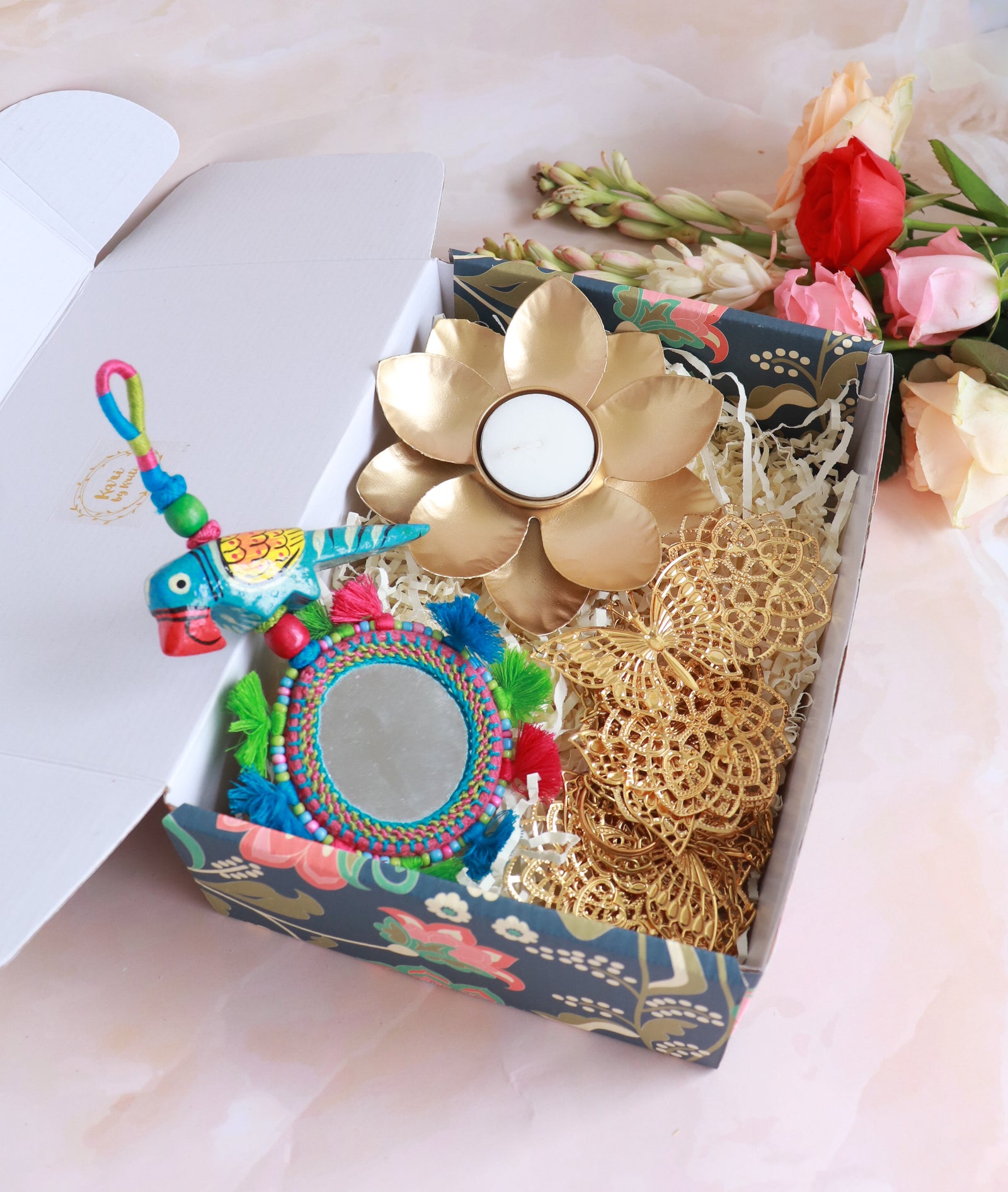 Mahua Deepawali gift box with handmade festive block print accessories by Kari by Kriti
