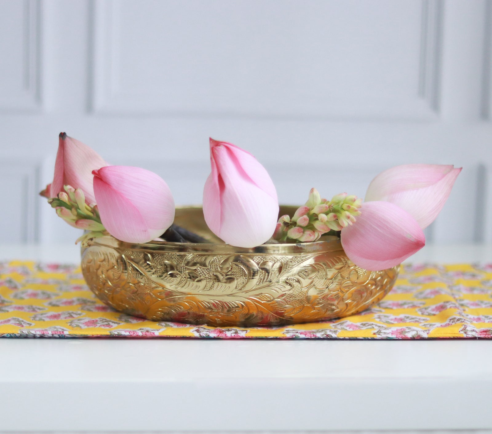 Golden Glow decorative handcrafted metal urli floating flower bowl by Kari by Kriti
