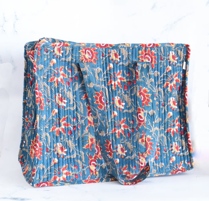XL tote bag - Boho quilted women's bags - Large beach bag - Dark Blue floral
