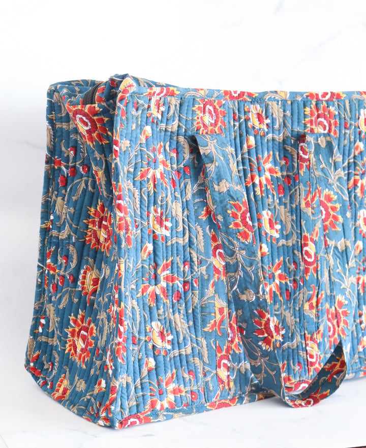 XL tote bag - Boho quilted women's bags - Large beach bag - Dark Blue floral