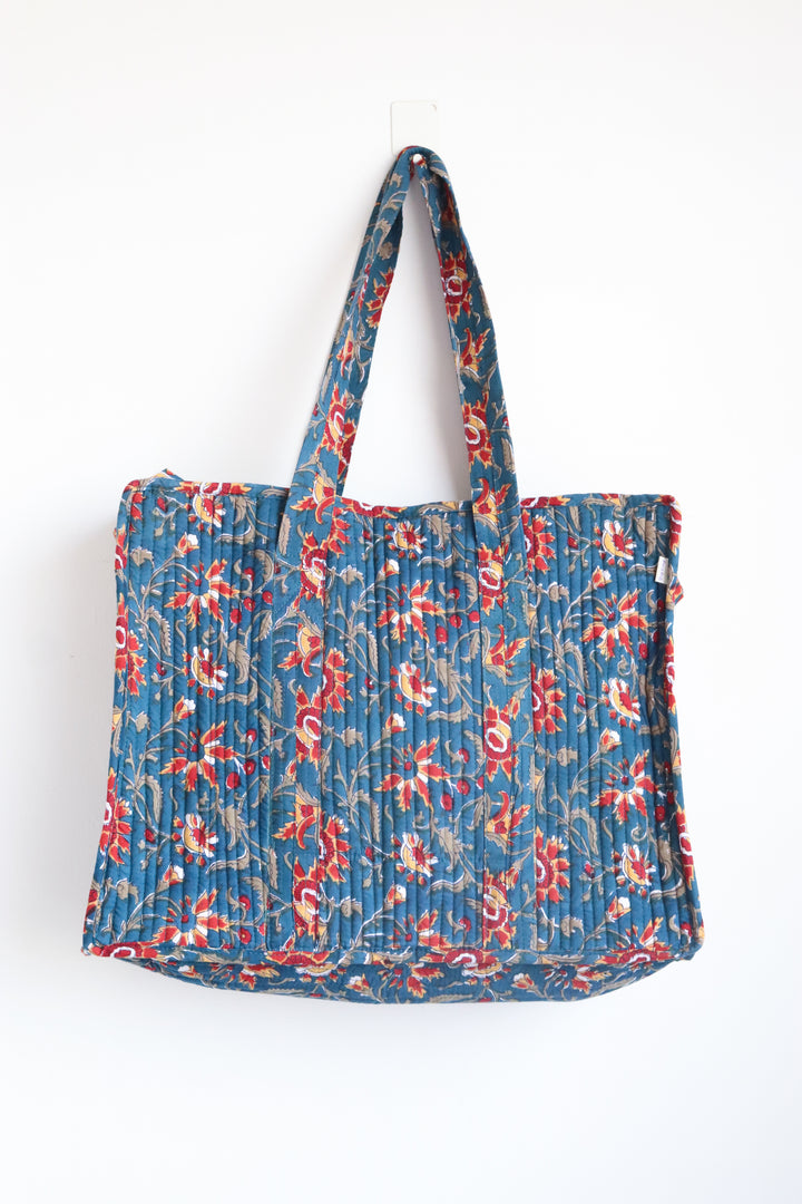 XL tote bag - Boho quilted women's bags - Large beach bag - Dark Blue floral