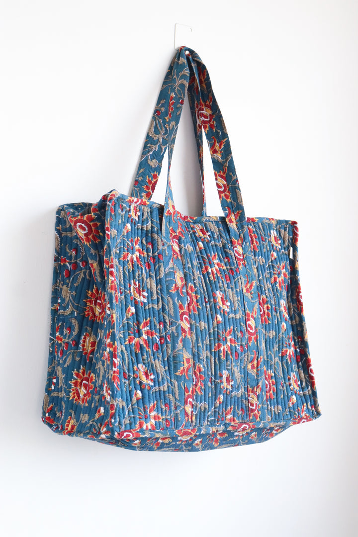 XL tote bag - Boho quilted women's bags - Large beach bag - Dark Blue floral