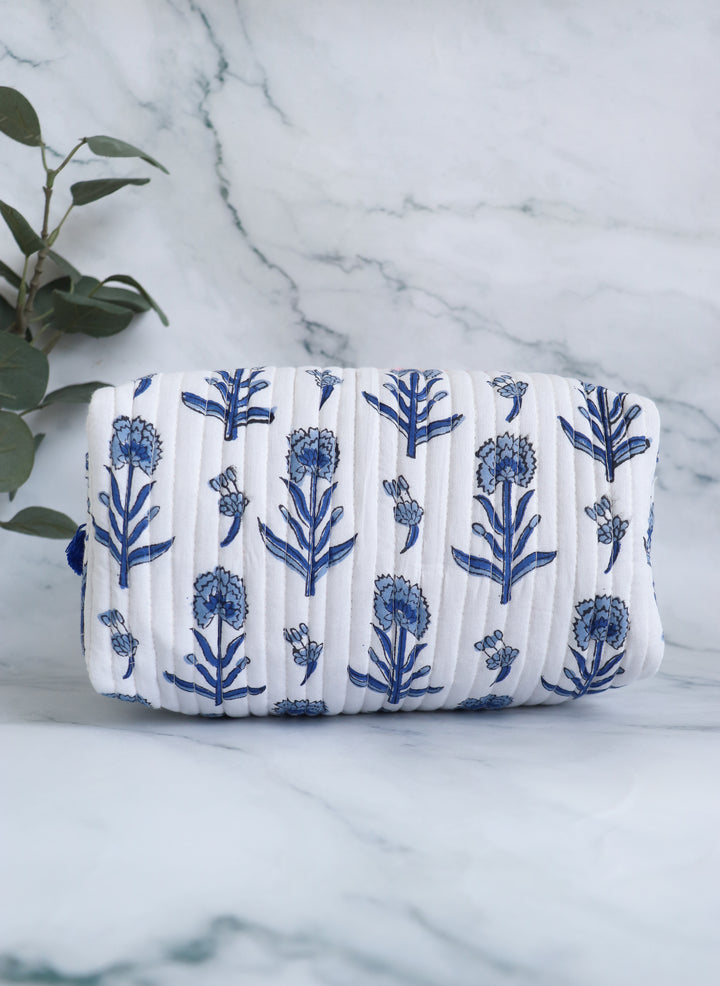 Medium Cosmetic bag - Makeup bag - Block print fabric travel pouch- White and Blue
