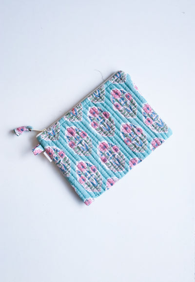Block print zip wallet - Quilted travel pouch and coin purse - Gift for girls - Passport pouch