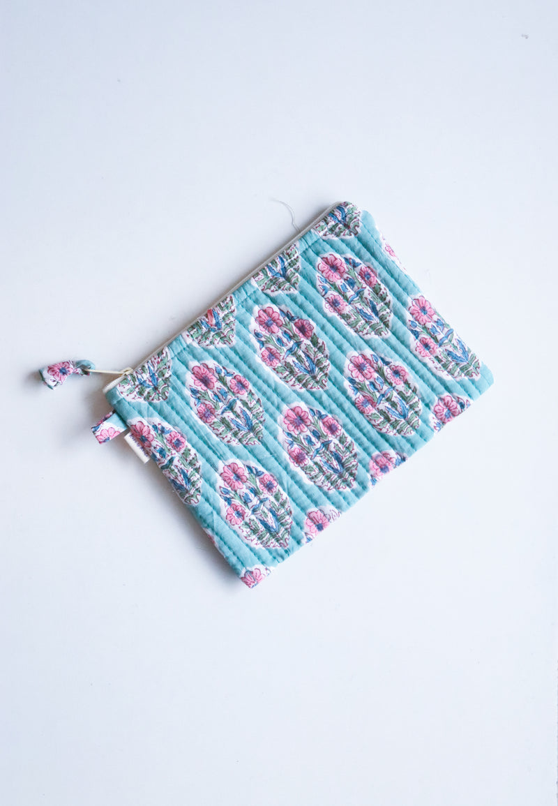Block print zip wallet - Quilted travel pouch and coin purse - Gift for girls - Passport pouch