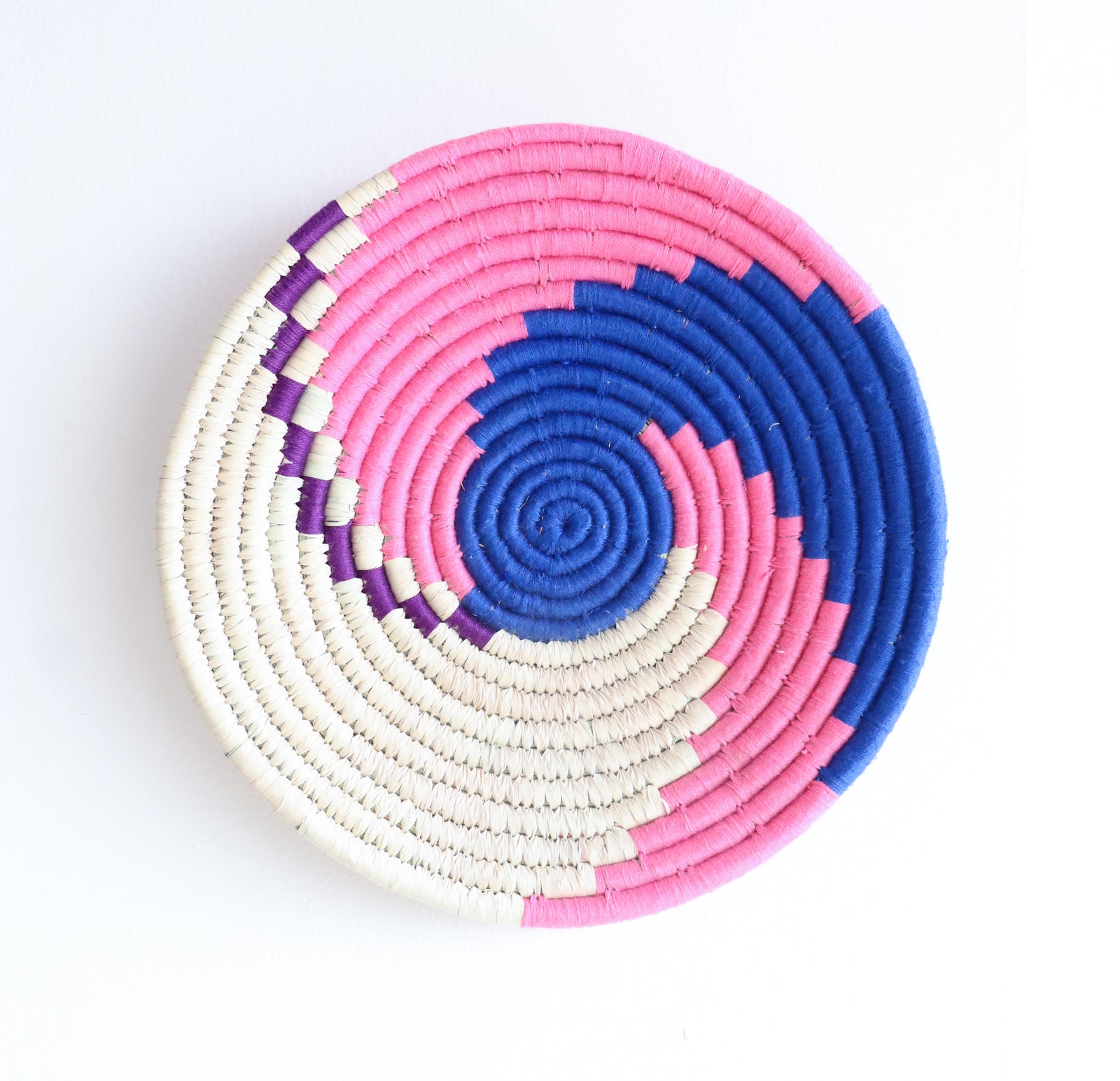 Pink and blue sabai grass decorative wall basket, handcrafted wall plate by Kari by Kriti
