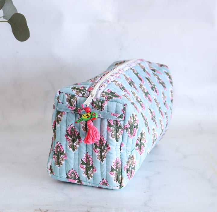Medium Cosmetic bag - Makeup bag - Block print fabric travel pouch- Turquoise booti