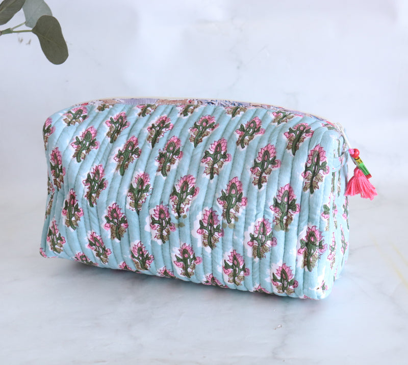 Large Cosmetic bag - Makeup bag - Block print fabric travel pouch- Ditsy Turquoise